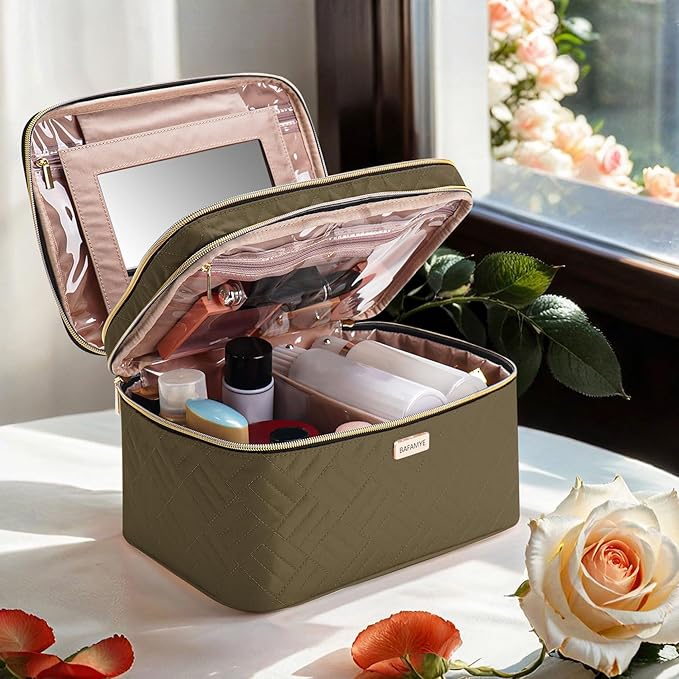 BAFAMYE 8.8L Double Layer Travel Makeup Bag With Mirror For Women, Large Cosmetic Case, Organizer for Travel-Size Accessories Bottles, Brushes,and Skin Care Products, 2.33 GAL, Brown…