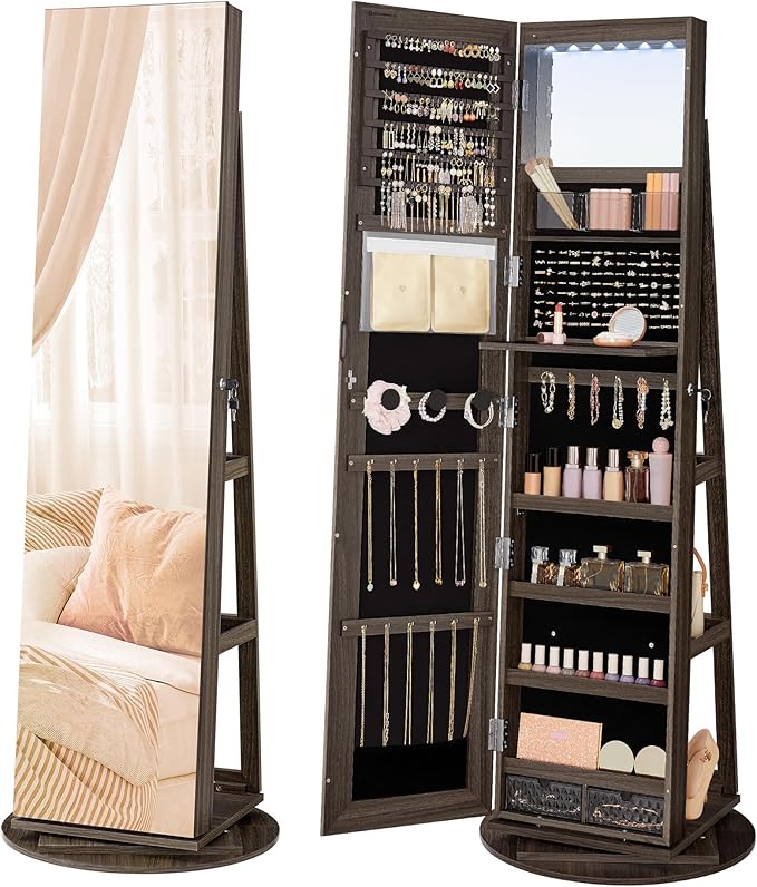 SONGMICS 6 LEDs Lockable Mirror Jewelry Cabinet, 360° Swivel Jewelry Organizer Armoire Standing, Frameless Full-Length Mirror, 3 Storage Shelves, Ash Brown Surface, Black Lining UJJC007K02