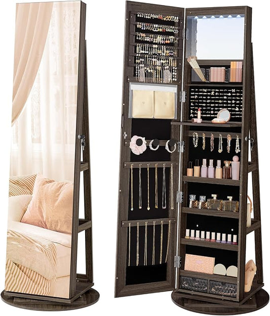 SONGMICS 6 LEDs Lockable Mirror Jewelry Cabinet, 360° Swivel Jewelry Organizer Armoire Standing, Frameless Full-Length Mirror, 3 Storage Shelves, Ash Brown Surface, Black Lining UJJC007K02