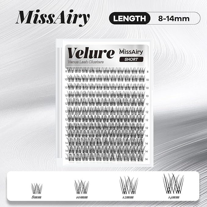 MissAiry Velure Lash Clusters Eyelash Extensions Natural Lashes Short Lash Clusters 8-14MM Eyelash Clusters Natural with Invisible Band Venus D Curly Lashes Diy at Home(Velure 8-14MM)