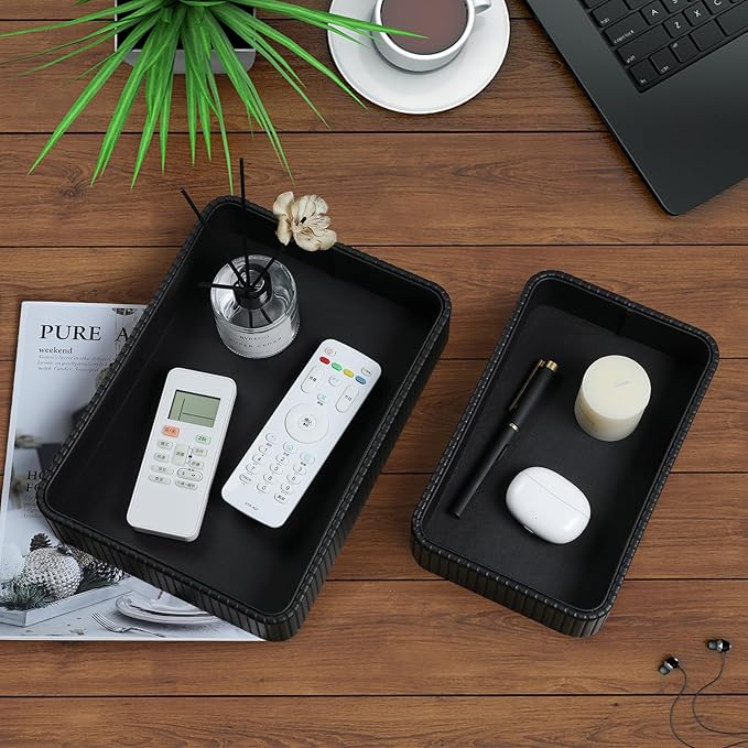 MEIBOOCH 2 Pack Nightstand Organizer Tray, Decorative Perfume Valet Tray Trinket Dish Catch All Purse Key Bowl, PU Leather Coffee Table Trays for Vanity Dresser Bedside Bathroom Countertop (Black)