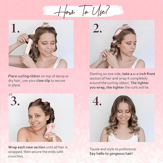 Heatless Curlers, No Heat Curls Overnight, Pink Satin Flexi Rod with 6pcs Heatless Curling Set, 2 Scrunchies, 2 Hair Ties, Carry Pouch, Clip for Overnight Hair Curlers, All Type Hairs
