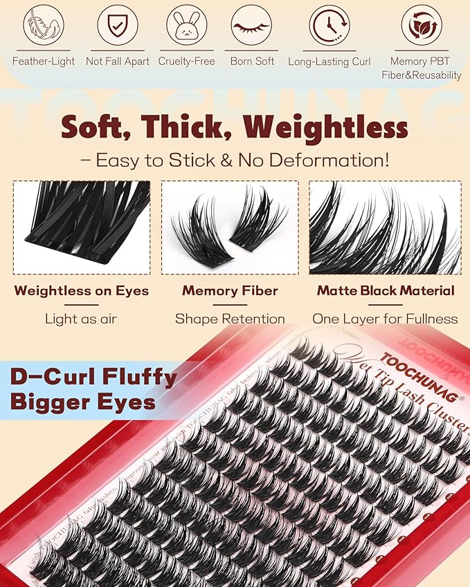 TOOCHUNAG Lash Clusters Kit 12-18mm Manga Eyelash Clusters Kit 144pcs Thick Anime Lashes Clusters Volume Individual Lash Extension Kit Spiky Cluster Eyelashes Extensions with Lash Bond,Seal,Tweezers