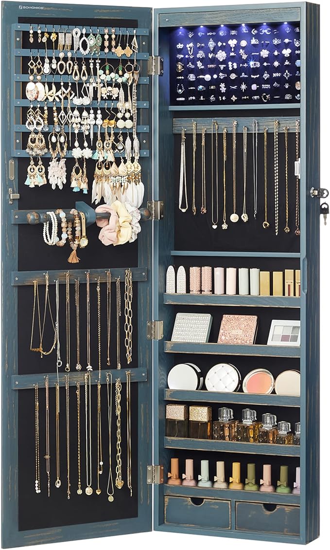 SONGMICS 6 LEDs Mirror Jewelry Cabinet, 47.2-Inch Tall Lockable Wall or Door Mounted Jewelry Armoire Organizer with Mirror, 2 Drawers, 3.9 x 14.6 x 47.2 Inches, Rustic Blue UJJC93IN
