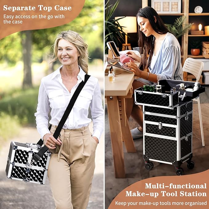 Karl home Rolling Makeup Case with Wheels & 2 Drawers, 3 in 1 Large Capacity Trolley Makeup Travel Case, Professional Cosmetology Lockable Travel Cosmetic Storage Train Cases, Black