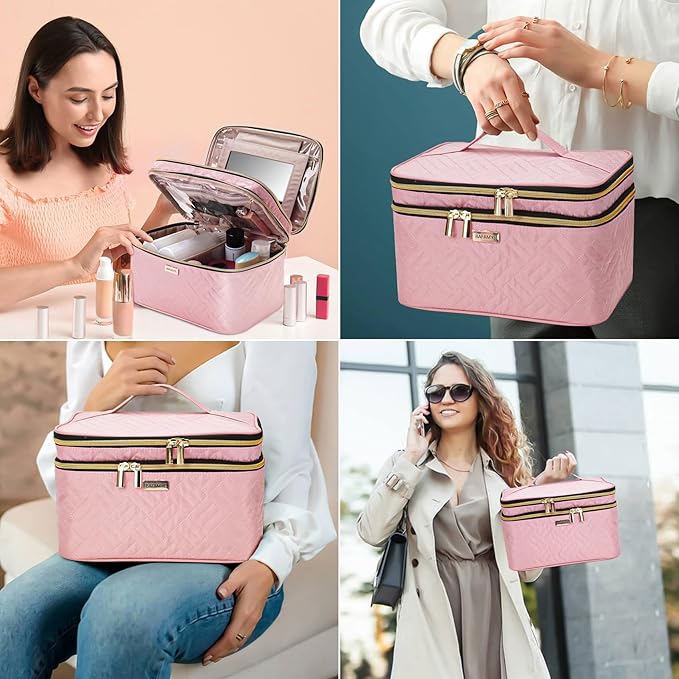 BAFAMYE 8.8L Double Layer Travel Makeup Bag With Mirror For Women, Large Cosmetic Case, Organizer for Travel-Size Accessories Bottles, Brushes,and Skin Care Products, 2.33 GAL, Pink