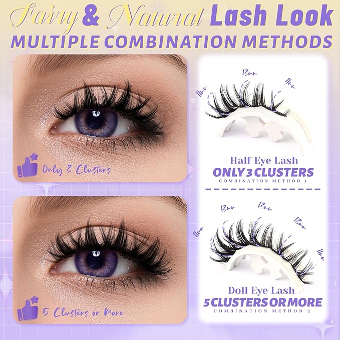 Fyonas Manga Lash Clusters Wispy Cluster Eyelashes Natural Look Fluffy Anime Cluster Eyelash Extensions C Curl 108Pcs Easy to Apply Flora Individual Lashes with Thin Band for Beginners (Cutey)