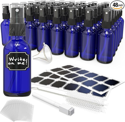 Nevlers Small Spray Bottle 2 Oz 48 Pack | Blue Glass Spritzer Bottles | Mini Spray Bottle Mist Set w/Labels, Marker, Funnel, Brush & Shrink Wrap | 2oz Glass Bottles for Oils, Scents & Travel Use