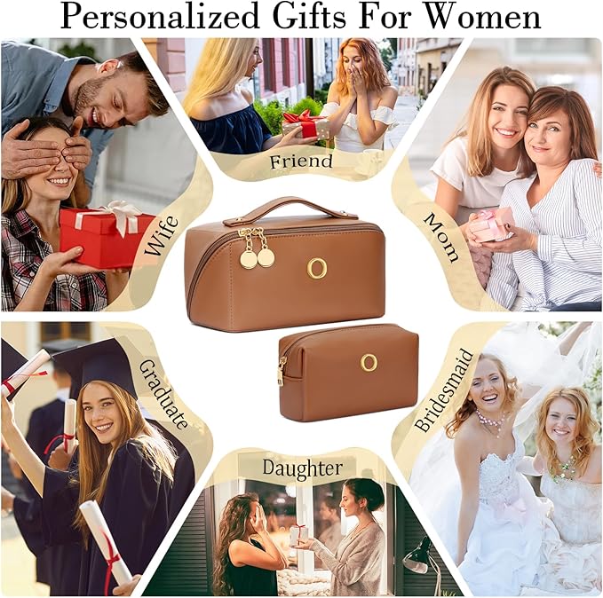 Birthday Gifts for Women Teen Girl, Personalized Initial Makeup Organizer Bag Set, Open Flat Travel Cosmetic Bag With Clear Divider and Handle(Brown,O)