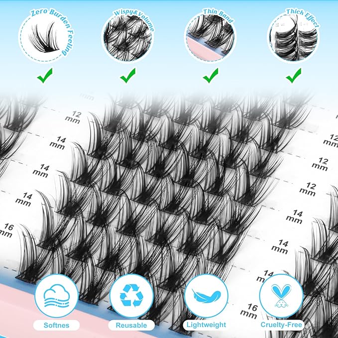 MilyBest Lash Clusters Kit Wispy Eyelash Clusters Lashes Natural DIY Lash Extension Kit 10-16mm Cluster Eyelash Extensions Kit 180pcs CC Curl Individual Lashes with Bond and Seal Tweezers