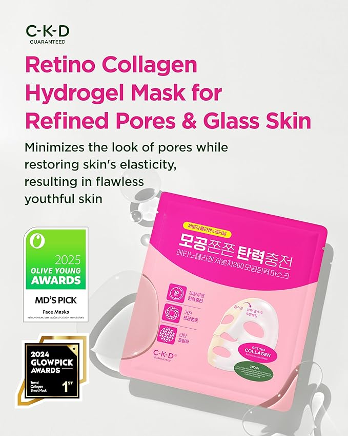 CKD Pore-Tightening & Firming Face Mask (5ea) – Korean Hydrogel Sheet Mask for Glass Skin, Minimizes Pores & Boosts Firmness with 3rd Retinal & Low Molecular Collagen, Korean Skincare