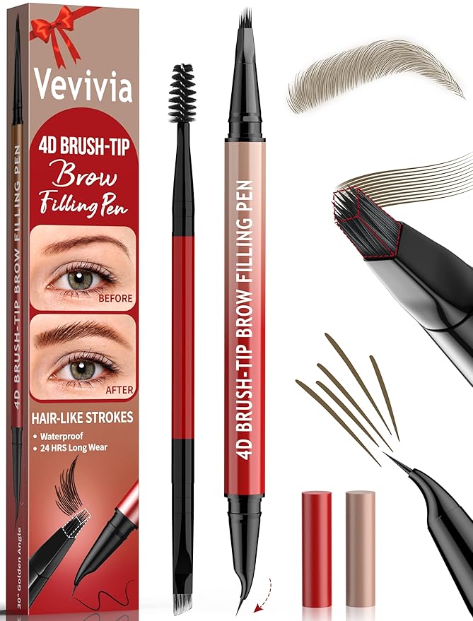 Vevivia Eyebrow Pencils for Women - Eyebrow Pen with 4D Brush-Tip & Curved Tip for Natural Fuller-Looking Brows, Precise Hair-Like Strokes for All Brow Types, Last All-Day Eyebrow Makeup, Brown