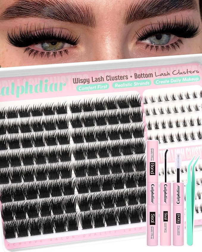 calphdiar Wispy Lash Clusters with Bottom Lashes Extension Kit Spiky Eyelash Clusters Kit Fairy Cluster Eyelash Extensions 10-18mm Lash Clusters Kit 184PCS Natural Individual Lashes with Bond and Seal