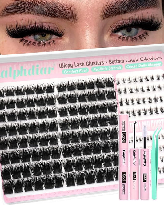 calphdiar Wispy Lash Clusters with Bottom Lashes Extension Kit Spiky Eyelash Clusters Kit Fairy Cluster Eyelash Extensions 10-18mm Lash Clusters Kit 184PCS Natural Individual Lashes with Bond and Seal