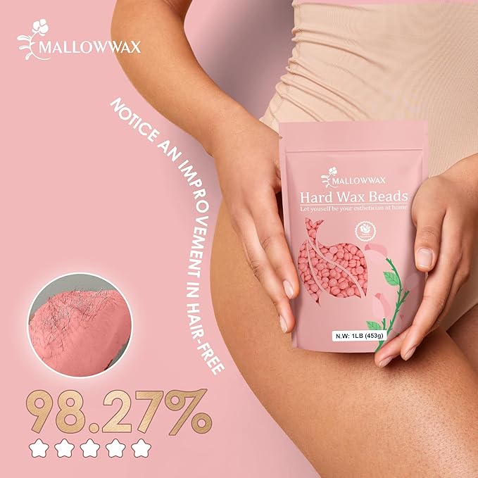 Mallowwax Hard Wax Beads, 1LB Pink Rose Wax Beans for Hair Removal, Waxing Beads Refill for Sensitive Skin, Perfect for Facial, Brazilian, Upper lip, Cheeks and Bikini Waxing at Home for Women Men