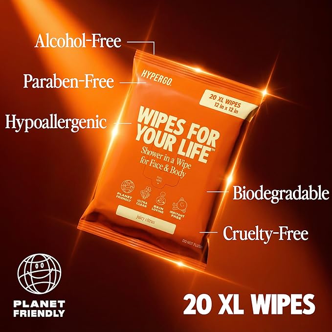 HyperGo XL Body Wipes for Women & Men – 12" x12" Rinse-Free Full Body Cleansing Wipes 20 Count Pack - Citrus | Biodegradable, Hypoallergenic, Aloe-Infused | Gym, Festival, Camping Essentials