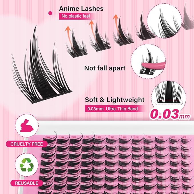 PROLASHBEAUTY Manga Lash Clusters, Eyelash Clusters 10-16 Mixed Cluster Eyelash Extensions Mixed Lash Extension Reusable Soft & Comfortable (Anime,10-16mix)
