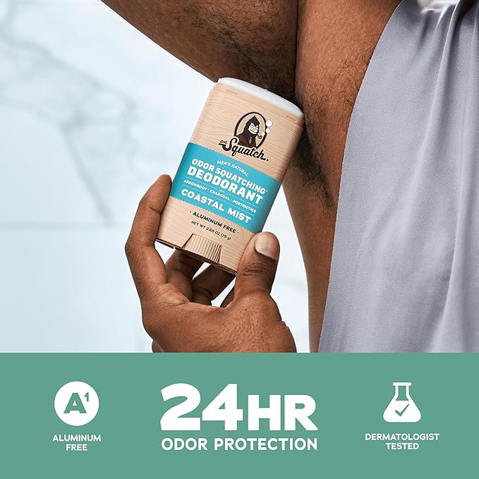 Dr. Squatch Natural Men’s Deodorant – Aluminum Free Natural Deodorant Men with Charcoal & Postbiotics for 72-Hour Odor Protection – Coastal Mist, 2.65oz Stick (3-Pack)
