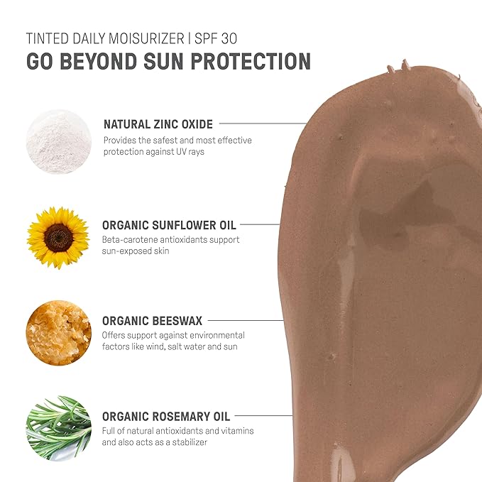 Raw Elements Tinted Daily Face Moisturizer All-Natural Mineral Sunscreen | Non-Nano Zinc Oxide, 95% Organic, Reef Safe, SPF 30, in Bio-Resin Tube, 1.8oz