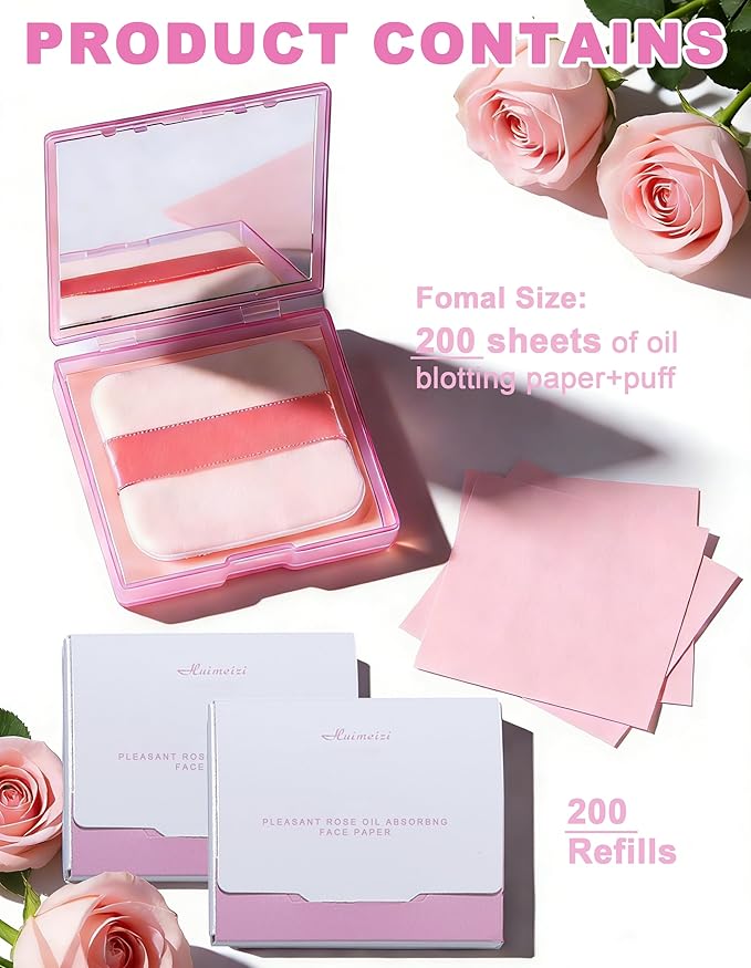 Okerker Oil Blotting Paper - 400 Sheets with Mirror, Puff & Refills, Absorbs Excess Face Oil, Controls Shine, Saves Makeup, The On-the-Go Essential for a Flawless, Matte Finish All Day