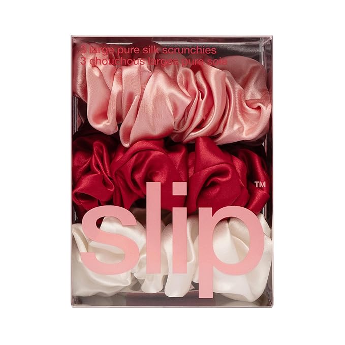 slip Large Scrunchies: Rosy | Set of 3 Pure Silk Large Scrunchies | Includes 1 Scarlet, 1 Rose, 1 White | 100% Mulberry Silk, Anti-Crease, Gentle on Hair, Reduces Breakage