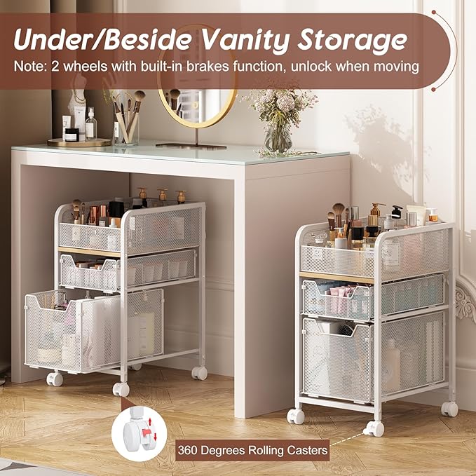 Rolling Makeup Cart Organizer with 2 Drawers, Narrow Floor Skincare Organizers, Vanity Organizer Cosmetics Display Cases Holder for Skin Care Nail Polish Perfume Makeup Brush, White