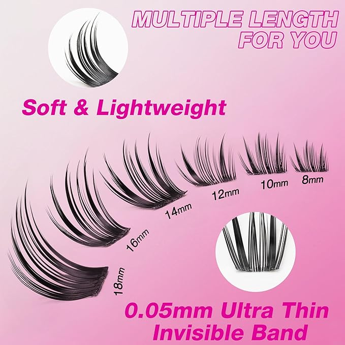 VEYESBEAUTY Lash Clusters Individual Eyelash Extensions Thin & Invisible Band DIY False Eyelashes for Self-application Eye-Catching Series Wispy Lash Tray, Crown 8-18mm Mixed Length