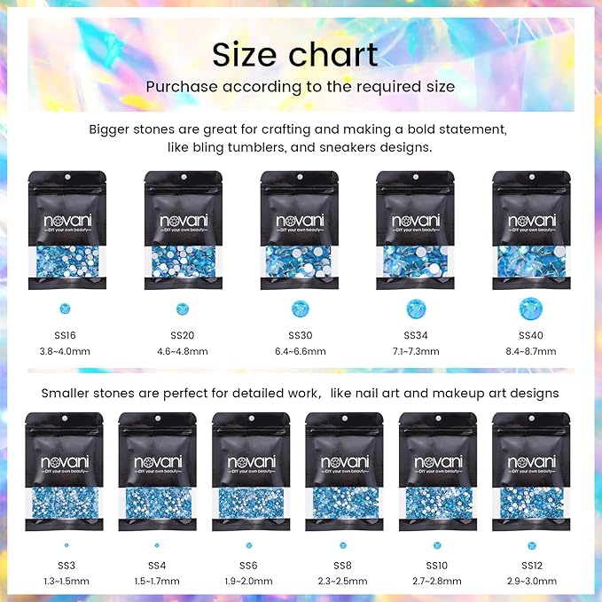 Novani Rhinestones for Crafts, Glass Crystals - Flatback Nail Gems and Rhinestones for Nails Art, Makeup, Face, Clothes, Shoes Decoration - DIY (SS6, 1440pcs, Aquamarine AB)