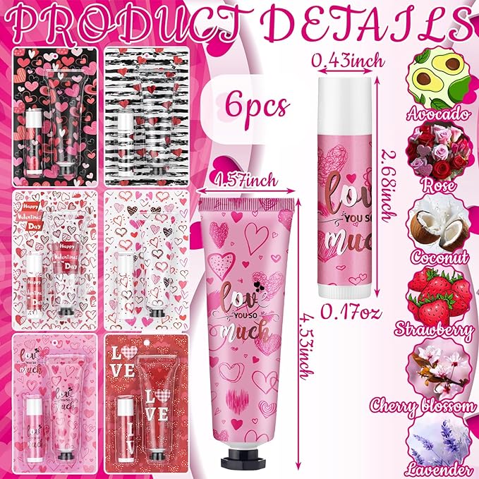 Loopeer 6 Sets Valentine's Day Hand Cream Lip Balm Bulk Gifts Galentine's Day Gift Valentine Party Favor Love Heart Mini Travel Size Moisturizing Hand Lotion for Women Coworker Teacher Nurse, 30 ml
