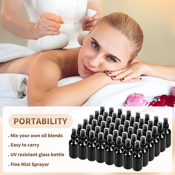 BILLIONSTARS 48 Pack 2oz Glass Boston Round Bottle with Fine Mist Sprayer - UV Black - Essential Oils, Bath, Beauty, Hair & Cleaning - Leakproof Travel Bottles