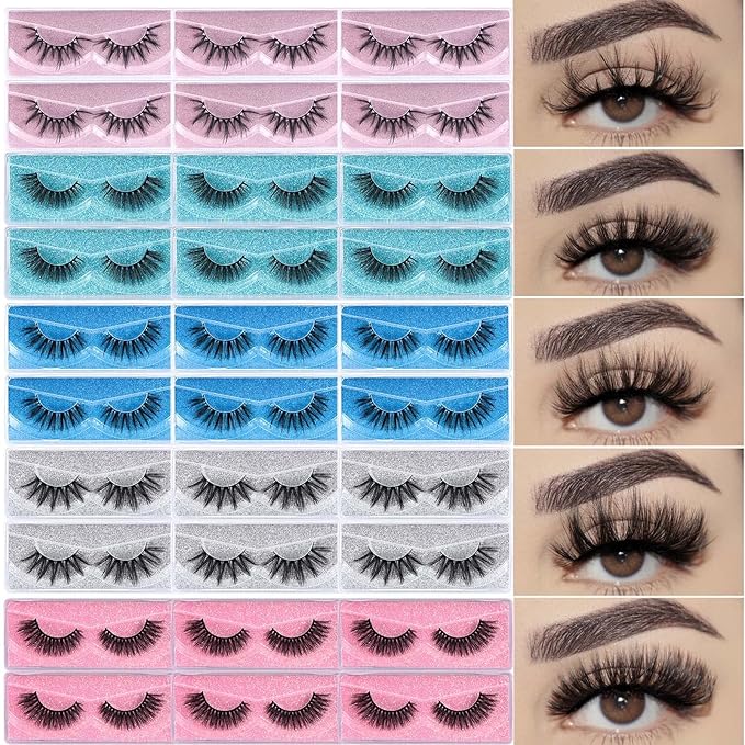 Lashes Bulk 30 Pair Wholesale Faux Mink Eyelashes 5D Fluffy Eyelash 15mm 18mm 20mm Natural Medium Length Fake Lash with Portable Pack