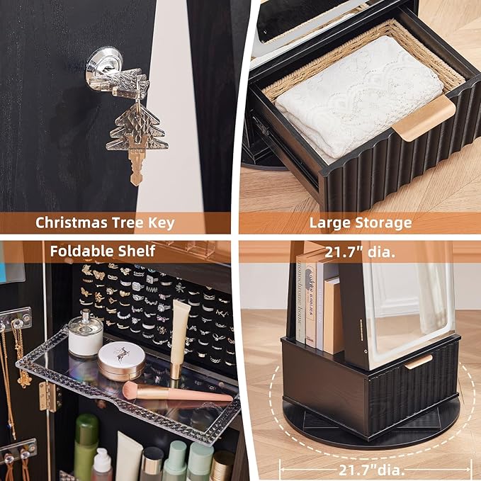 Fluted 360° Swivel Jewelry Armoire Cabinet Standing with Full Length Mirror, Lockable Jewelry Organizers and Drawer Storage with 3 Color LED Lights & Interior Mirror Rear Storage Shelves