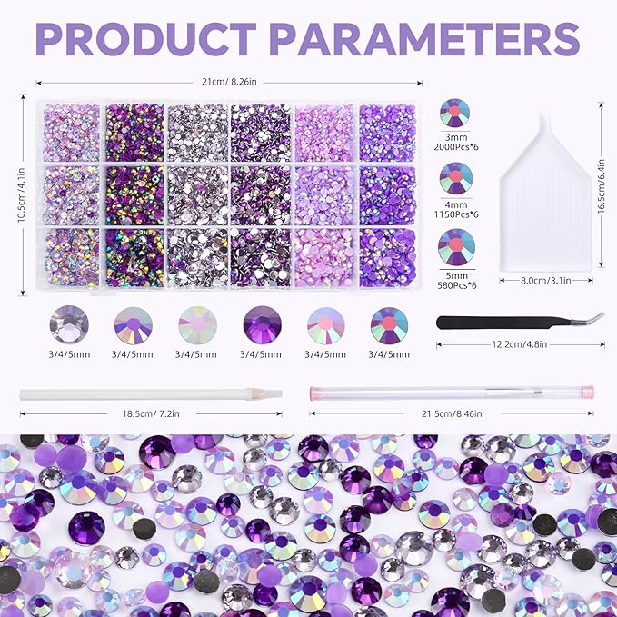 22380Pcs Purple Jelly Rhinestones Kit- Resin Mixed Color Rhinestones for Nail Clothes Shoes Tumblers Decoration Flat Back Round(3mm,4mm,5mm)