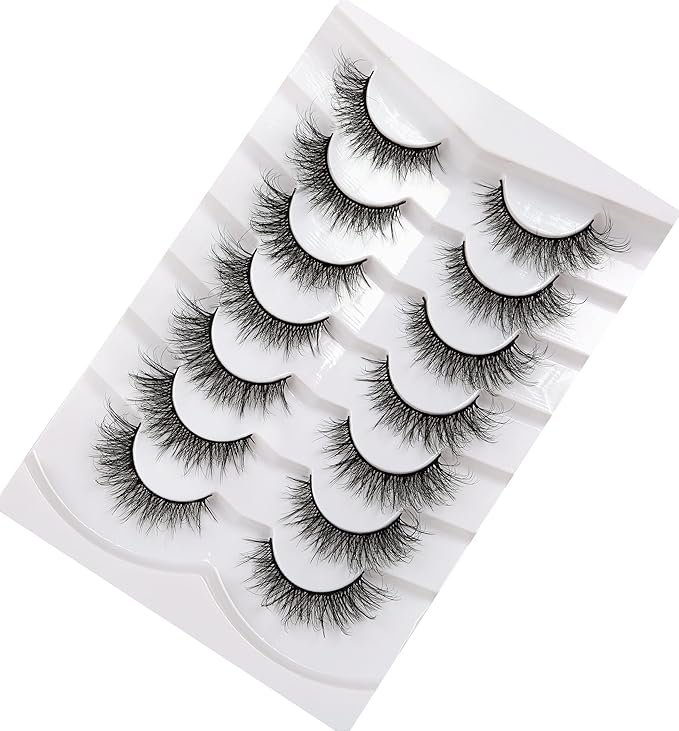 Pooplunch False Eyelashes Wispy Lashes Cat Eye Volume 8D Natural Fluttery Fake Eyelashes Faux Mink Lashes Strips 7 Pairs Pack