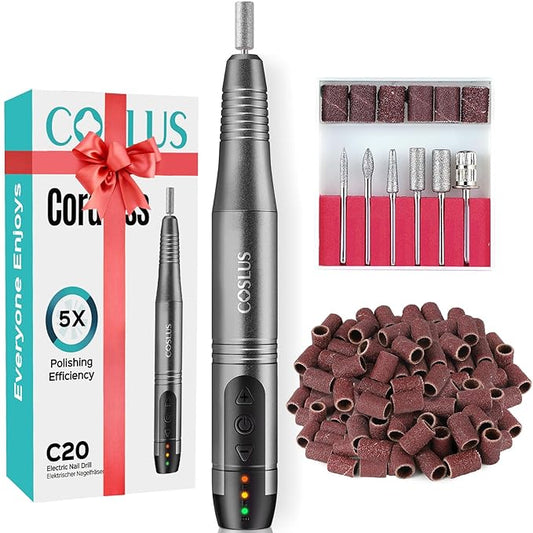 COSLUS Cordless Nail Drill Electric File: Professional for Acrylic Gel Dip Powder Nails Portable Nail Drill Machine Kit for Manicure Pedicure Nail Set with Everything Rechargeable Lightweight