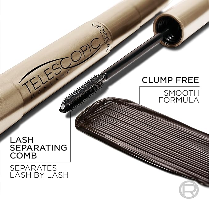 L'Oreal Paris Makeup Telescopic Original Lengthening, Lash Separating Mascara with Dual Precision Brush, Washable, Blackest Black, 0.27 Fl Oz., 1 Count