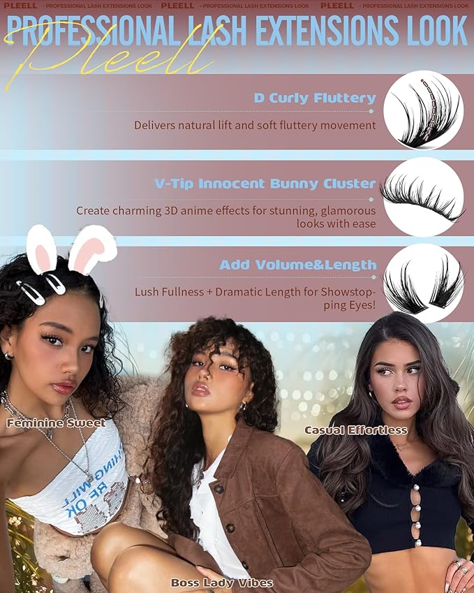 Lash Clusters Manga Eyelash Clusters With Spikes Bunny Cluster Lashes Natural Volume Cluster Eyelash Extensions 14-22mm D curly Individual Lashes Wet Look