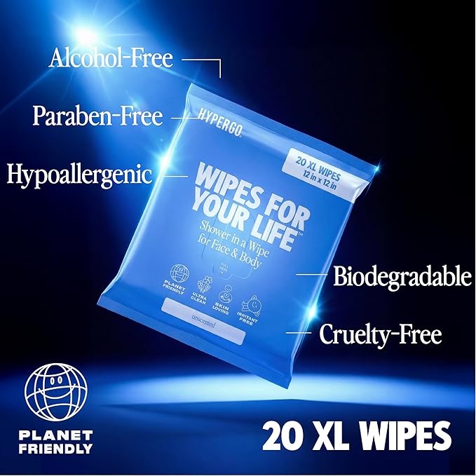 HyperGo XL Body Wipes for Women & Men – 12" x12" Rinse-Free Full Body Cleansing Wipes 2-20 Count Packs - Unscented | Biodegradable, Hypoallergenic, Aloe-Infused | Gym, Festival, Camping Essentials