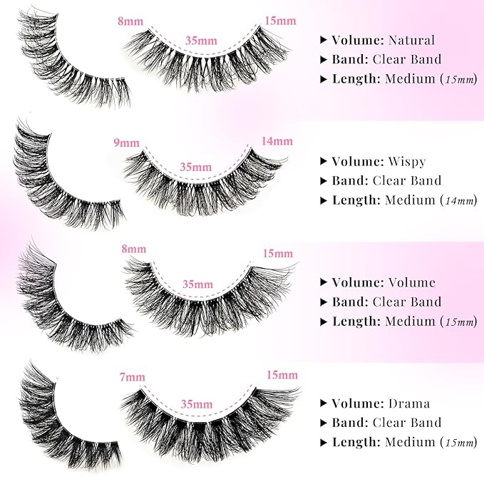 Lashes Wispy False Eyelashes 4 Styles Cat Eye Strip Lash Natural Look 20 Pairs Fake Mink Eyelash Pack Short Fluffy Lashes Strips that Look Like Extensions Wispies Clear Band Pestañas Postizas
