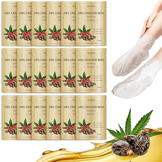 TEAWOO 18 Pairs Moisturizing Foot Masks with Castor Oil & Jojoba Oil, Intensely Hydrating Foot Mask For Dry Cracked Feet, Moisturizing Socks for Cracked Heel Treatment