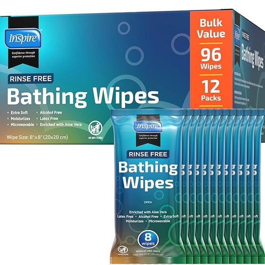 Body Wipes for adults bathing no rinse | Adult Wash Cloths Extra Large, Bathing Wipes for Incontinence With Aloe Vera, 8"x 8" In (96 count) | By Inspire
