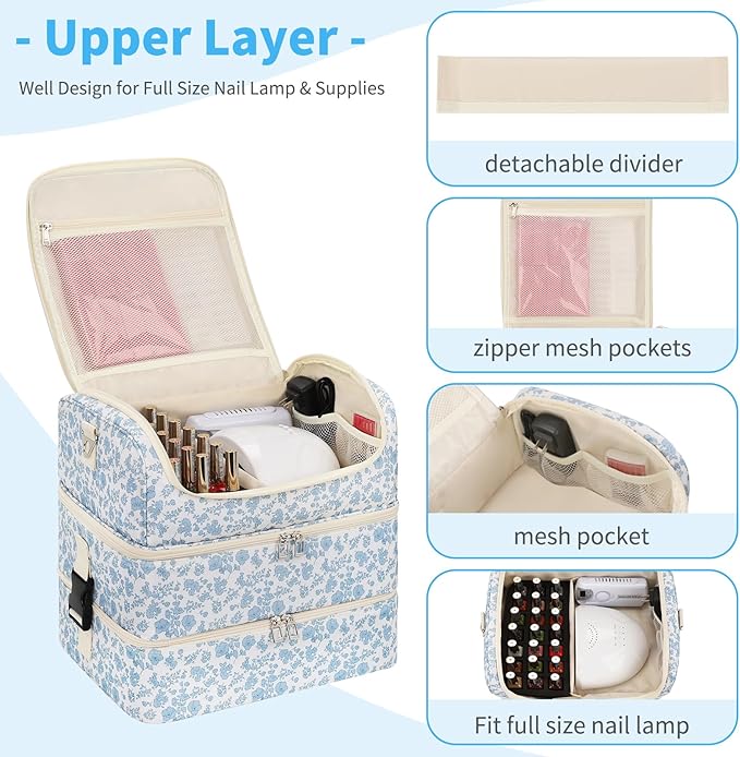 Extra Large Nail Polish Organizer - Three Layer Nail Organizers And Storage Bag, Portable Nail Supplies Organizer Case, Nail Tech Kit Travel Carrying Box with Shoulder Strap (Floral Blue, 117 Slots)