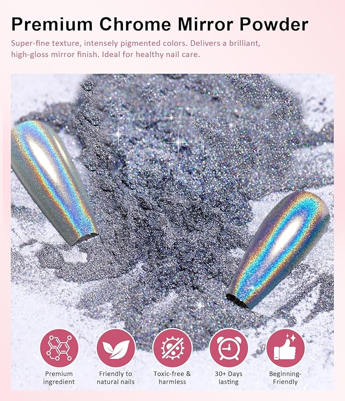 BISHENGYF Gold Chrome Nail Powder - Sparkly Laser Holographic Nail Powder Metallic Mirror Effect Silver Nail Chrome POwder, White Pearl Pigment Holo Iridescent Glitter Dust Kit, Nail Art Decoration