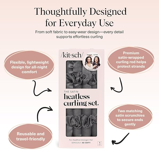Kitsch Satin Heatless Curling Set – Heatless Curls Overnight with 34" Hair Curler & 2 Satin Scrunchies – Comfortable Hair Curlers to Sleep In for Frizz-Free, No Heat Damage Styling - Charcoal