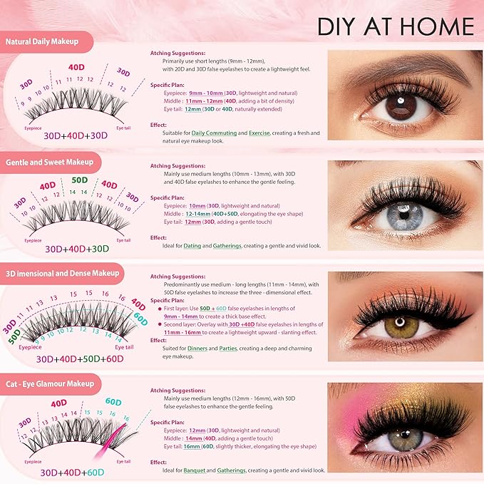 Lash Clusters Kit with Bottom Lashes, Lash Extension Kit With 30D40D50D60D Fluffy Upper Wispy Lash Clusters & 2 Type Bottom Lash Clusters,EyeLash Extension Kit with Black Bond & Clear Glue 2 In 1
