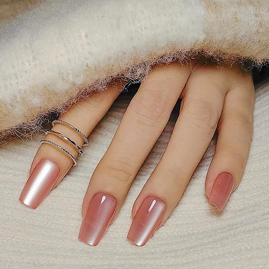 Okiyomi Pink Press on Nails - Pink Grapefruit Cat Eye Press on Nails | Magnetic Neutral Blush Shimmer - Medium Coffin Shape - 12 Sizes - 30 Soft Gel Fake Nails with Glue and Stick On Tabs