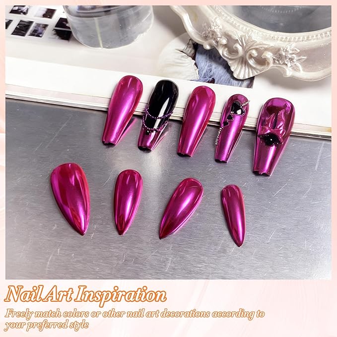 FNNZ Chrome Nail Powder, Metallic Nail Powder Pigment Premium Mirror Effect Salon Nail Art Glitter Dust for Valentines Gel Polish Decoration Home DIY Nail Manicure Supplies - Fuchsia Glimmer