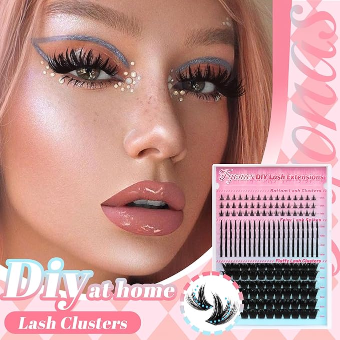 Fyonas Lash Clusters Volume Cluster Eyelashes Fluffy Thick Individual Lashes 12-18mm with Spikes 13-19mm DIY Eyelash Extensions with Natural Bottom Lashes 198Pcs (Mix02)