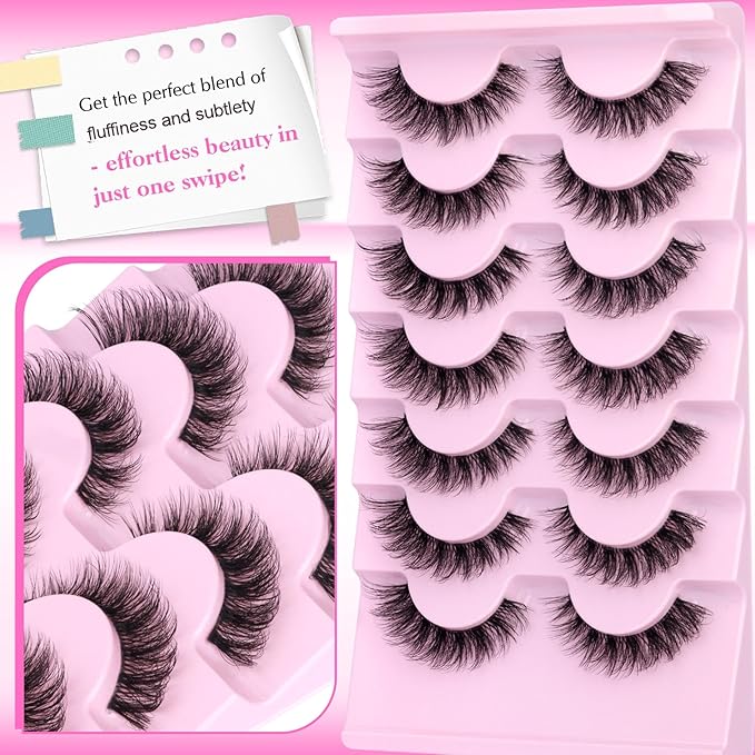 Clear Band False Eyelashes Wispy Lashes Mink Cat Eye Lashes Natural Look Eyelashes Pack Soft Light CD Curvature, 7 Pairs