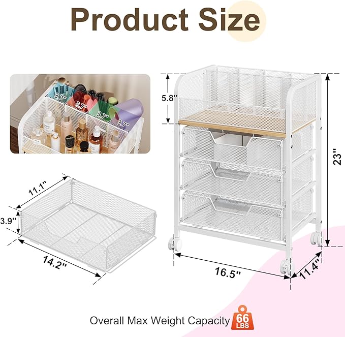 3 Drawers Makeup Cart Organizer with Divider, Under Desk Floor Skincare Organizers, Vanity Storage Organizer Cosmetics Display Cases for Skin Care Perfume Nail Polish, White